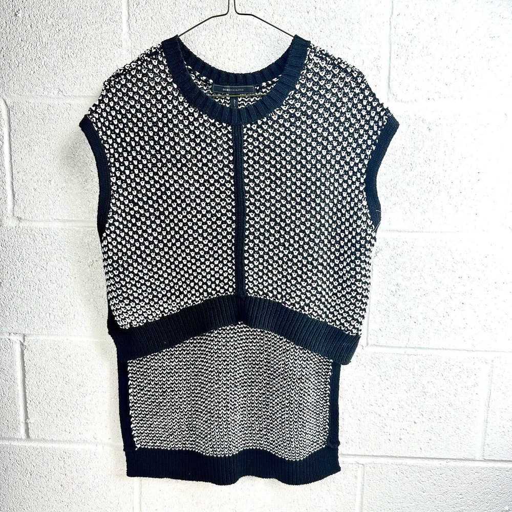 BCBG MAXAZRIA Black White Hi Low Sleeveless Sweater Knit Top Women’s Sz S